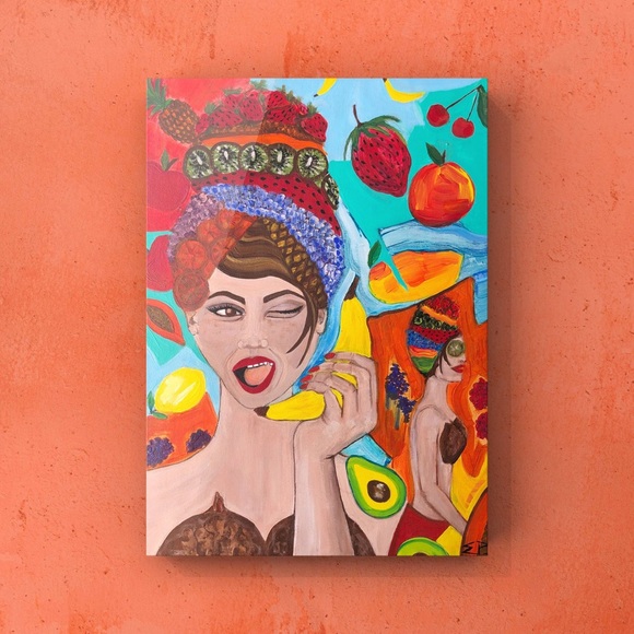Fruit is Life, medium size painting, vegan, vegetarian woman, original home deco - Picture 4 of 7